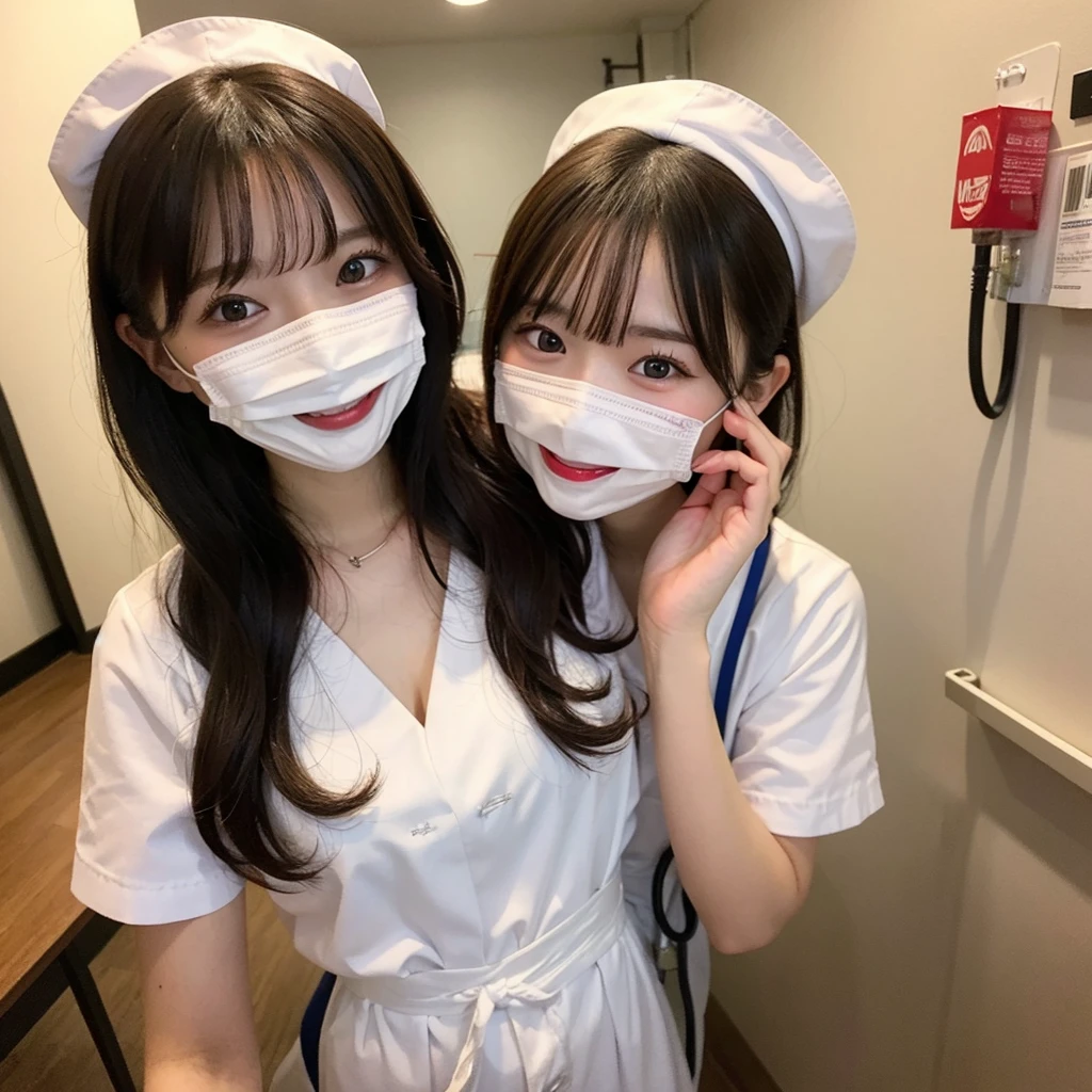 finely, High resolution, high quality、完璧なダイナミックな構shape, finelyて美しい目, Natural Makeup, Shibuya Ward、20-year-old girl、1 person、Clear Skin、Shiny Hair、、Tabletop, 最high quality, shape, Very detailed, finely, High resolution, 8K、Black Hair,, Blunt bangs, Side bangs ,Tentacles, Vine,, {Thin eyebrows:1.2}, 　blush，（Grin，Open your mouth）,nurse, White Cosplay, nurse cosplay, nurse outfit, Are standing, hospital, Red Cross, (8K, RAW Photos, 最high quality, masterpiece:1.2), (Very detailed 8K 壁紙), 1 Girl, (alone:1.2),Photo of a Japan actress at the age of 20,mouth mask,Seductive pose、Showing off her luxury panties、