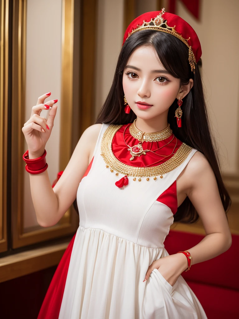 、Highest quality , sexy, Ultra-high resolution, RAW Photos, girl, indoor, White skin, Long Hair ,whole body,Black Hair、Red color clothes、Ethiopian national dress、Red color crown、red necklace、Red wrist ornament、Red earrings、