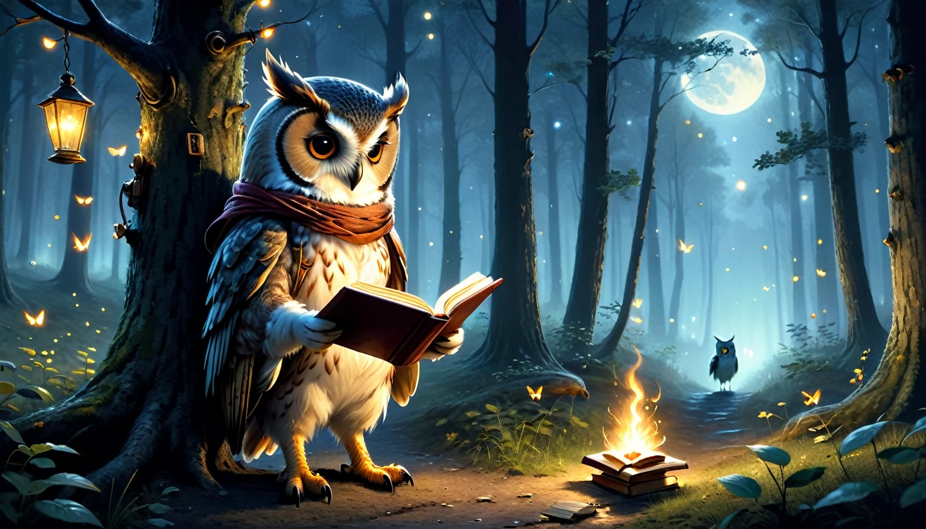C4tt4stic, (((Anthropomorphic cute animal characters))), dressed and walking on two legs, human-like posture, cute owl, reading a book, under a tree, quiet forest, night, fireflies glowing, (((Casual clothing))), mysterious, fantasy art, exquisite details, Jean-Baptiste Monge style, Alan Lee style, movie scene, dramatic shot angles, atmospheric particles, realistic, raw cinematic photorealism, action portrait, 8k, detailed, full frame