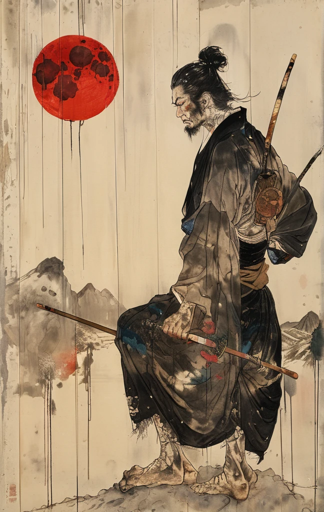 japanese line art    , a samurai( tied up  to a wooden steak with several arrows stuck in him,:1.2) lower body missing visible skeletal structure , ripped rags, rope and bloody ground, black skies and large moon , floral damask background ,  in the style of  takato yamamoto    , 