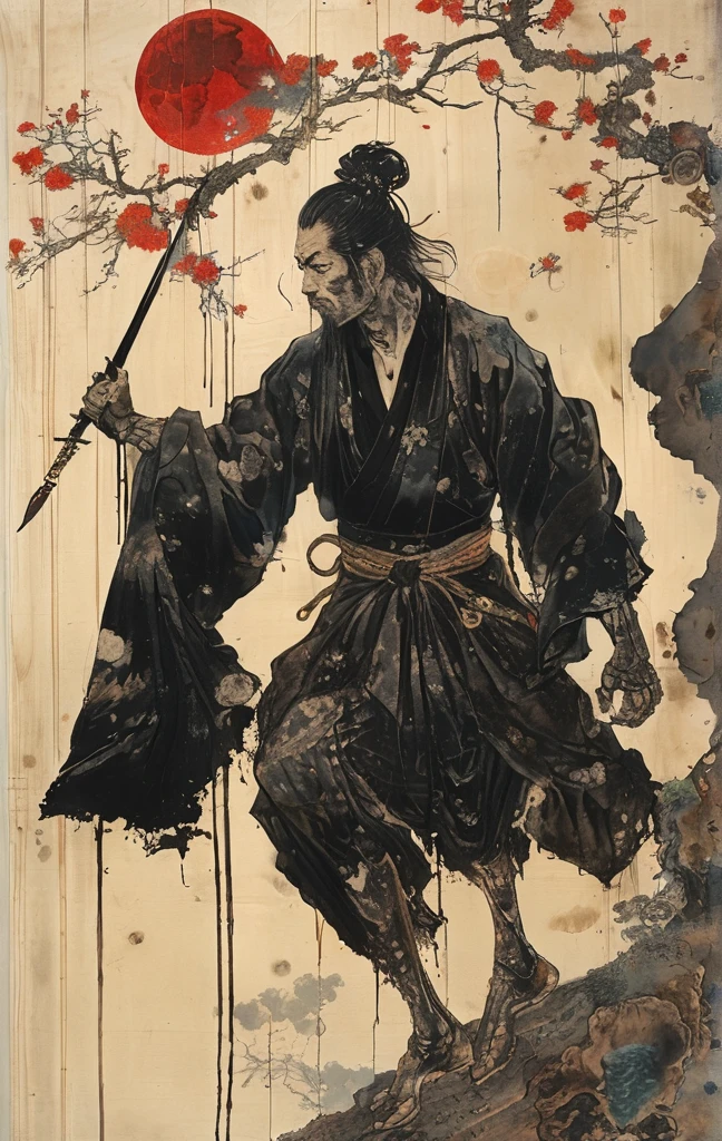japanese line art , a samurai( tied up to a wooden steak with several arrows stuck in him,:1.2) lower body missing visible skeletal structure , ripped rags, rope and bloody ground, black skies and large moon , floral damask background , in the style of takato yamamoto ,