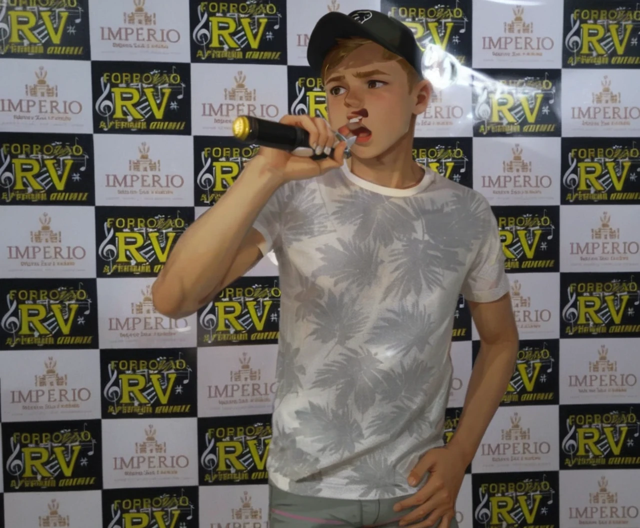 BOY SINGING WITH MICROPHONE IN HAND, blond, USING BONER, white shirt and black pants.