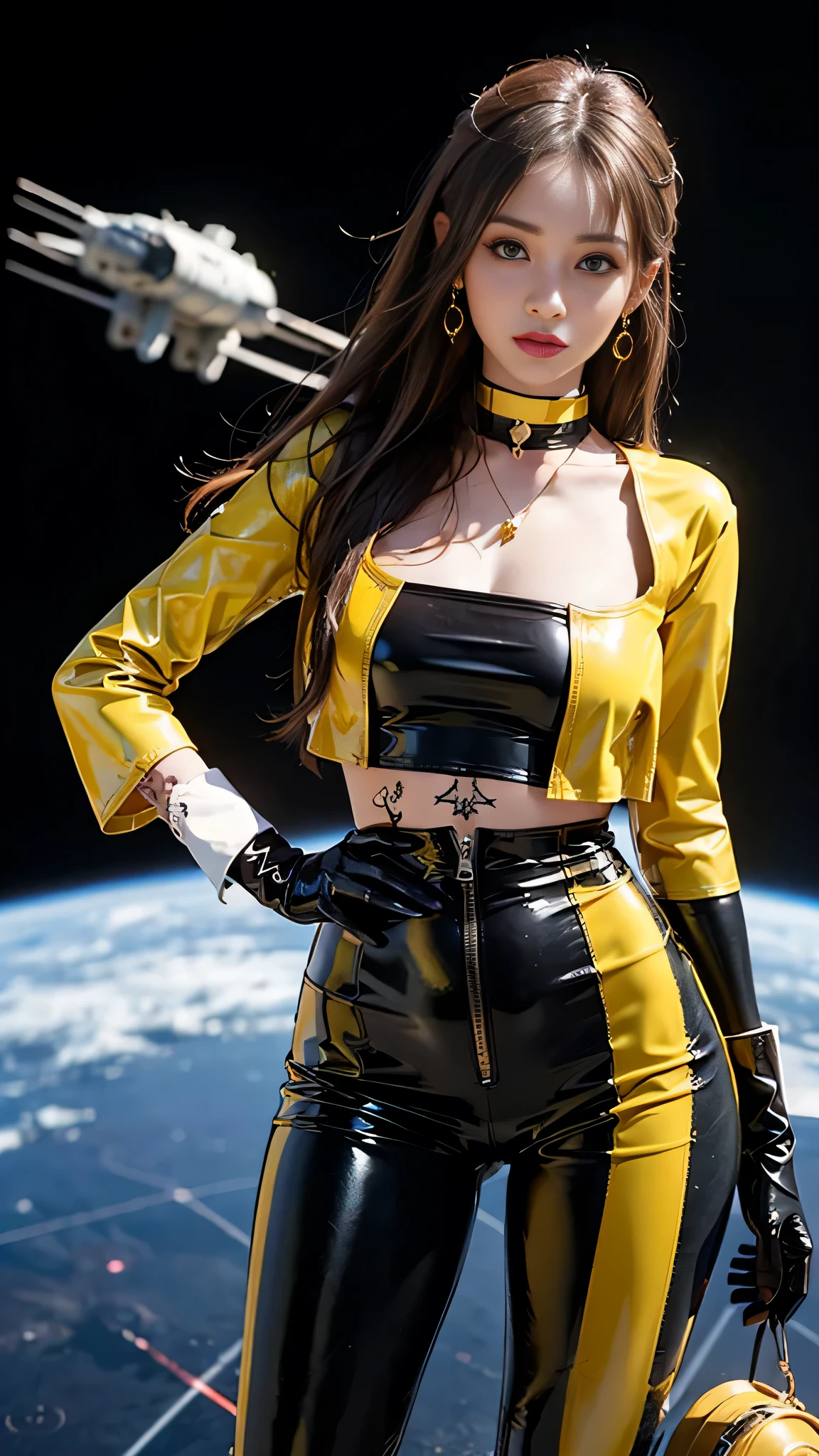 ((masterpiece:1.4)、(Highest quality:1.4)、(Realistic:1.7))、Masterpiece:1.4、(Top-notch rendering:1.4)、(yuki, the beautiful navigator of the Space Battleship Hikari:1.4)、Super Beauty航海士yuki、(by Luis Royo:1.4)、(A uniform that accentuates your beautiful figure:1.2)、(Futuristic sci-fi battle fashion:1.2)、(Street Style Wear)、(Tight Fit Pants)、(Shiny luxury latex:1.4)、(Luxury yellow latex:1.4)、19 years old、(Cute Tattoos:1.4)、(Wearing yellow gloves)、Cute Girl、Super Beauty、(Seductive pose)、Sharp Focus、Portrait Photography:1.4、8K、Photorealistic images:1.4、(Perfect female body:1.4)、Perfect proportions、(Standing:1.4)、(Upper body shot:1.4)、Beautiful Face、Fearless look、Beautiful Eyes、(A girl with a beautiful body and slender abdominal muscles)、(Narrow waist:1.4)、(9-body proportions beautiful girl:1.4)、(A beautiful girl with long legs and a good figure:1.4)、Beautiful feet:1.2、(Long Hair:1.2)、Heavy makeup、Eyeshadow、Glow Eye、Glow Lip、Beautiful breasts、Large Breasts:1.2、sexy ass、(Standing facing forward:1.4)、Raw photo、Red lips、Yellow high heels:1.4、choker:1.4、necklace:1.4、Earrings:1.4、1 Screen Display:1.4、Space Battleship Hikari&#39;s bridge:1.2