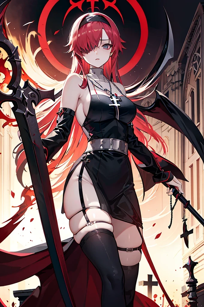 avenger,large breast,The chest area is exposed,Eye color is scarlet,garter,big Scythe,Catholic nun,Cross Necklace,hair over one eye,Knee socks,Hair color is golden,Devilish,Church Background, high Quality,best quality,Uninhabited