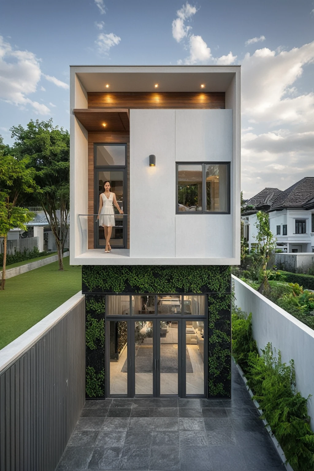 modern villa on street, (overcast lighting:1.2), tropical tree, vivid color, streetcapes, nice sky, grey and wwhite tone, (large glass door:1.2), warm interior lighting, modern material, best quality, ultra realistic, masterpiece, 17ArchiAI_XL_VL-v1