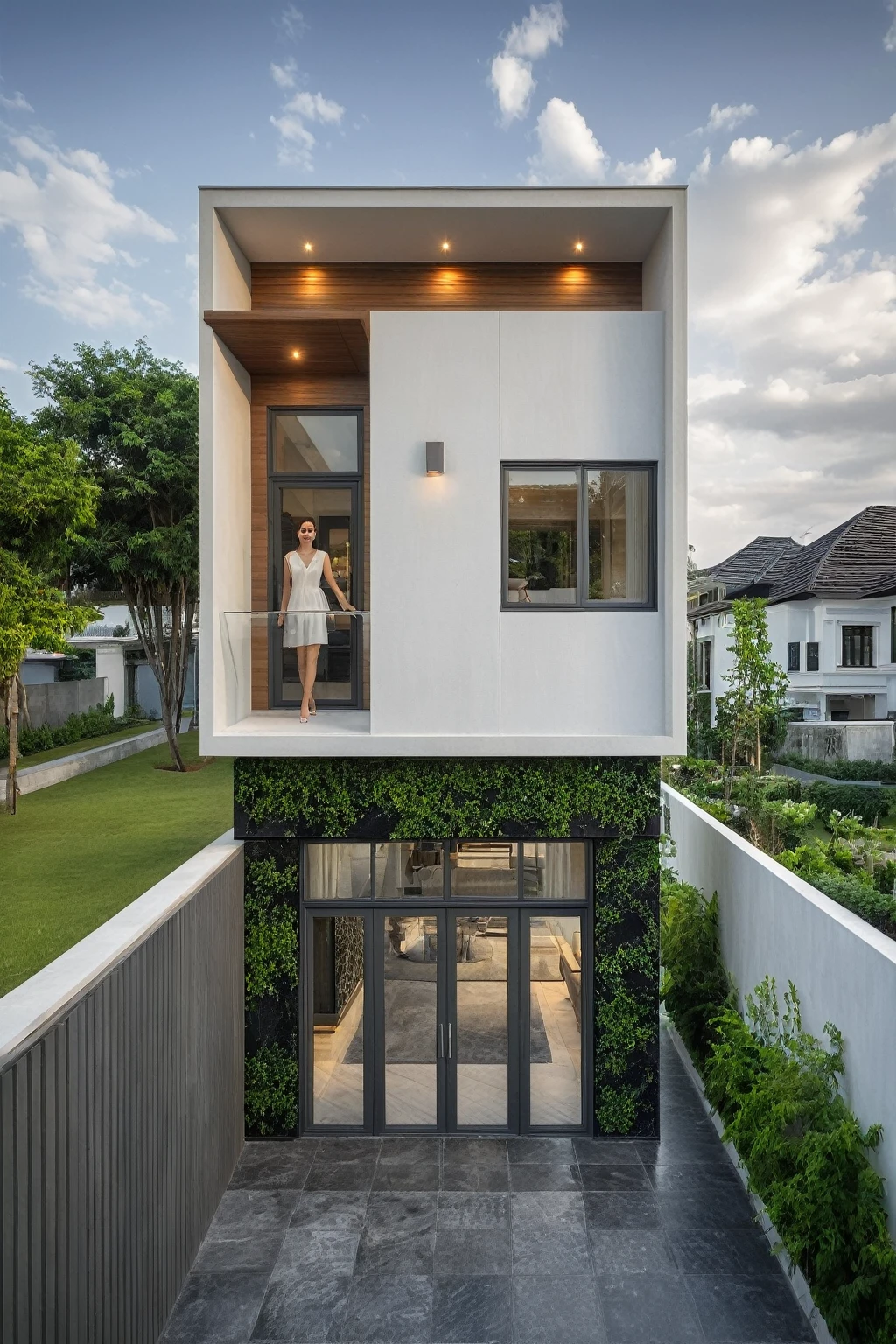 modern villa on street, (overcast lighting:1.2), tropical tree, vivid color, streetcapes, nice sky, grey and wwhite tone, (large glass door:1.2), warm interior lighting, modern material, best quality, ultra realistic, masterpiece, 17ArchiAI_XL_VL-v1
