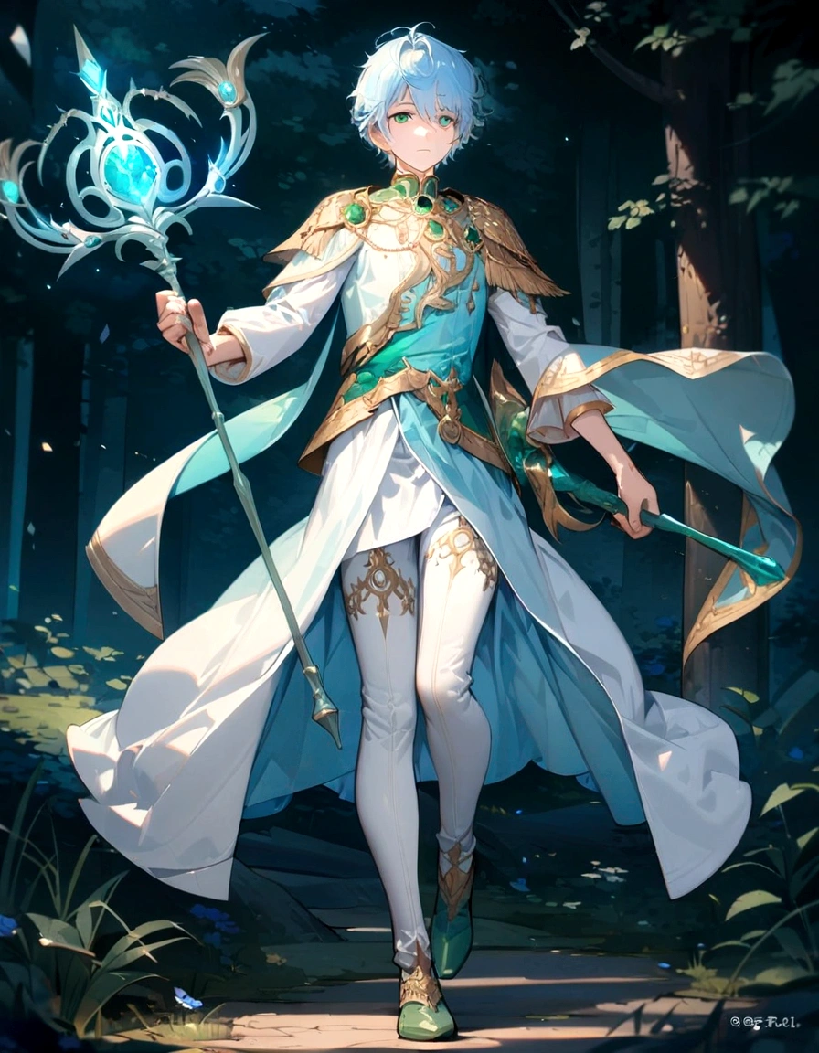 ((Full body)), (a boy), (super detailed), male role, beautiful boy, ((light blue clothes)), ((light blue hair)), ((emerald green eyes)), high quality,(enchanting forests) ,(a staff in hand)