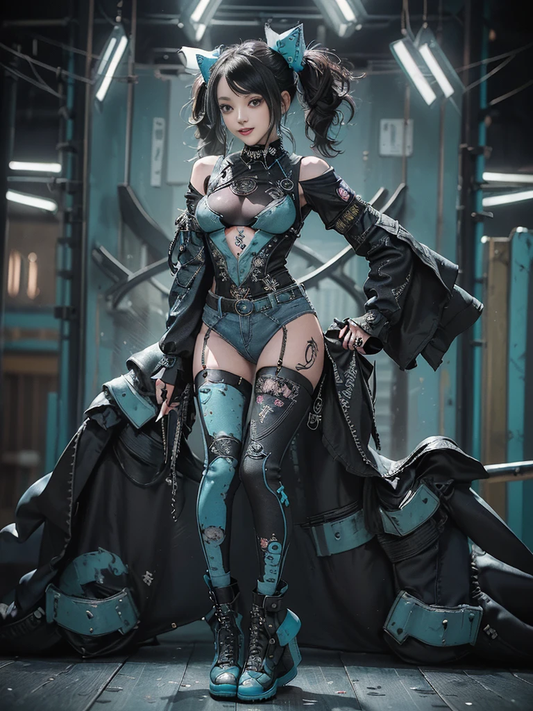 (Full Body View:1.4)、(Full body:1.3)、(Smiling with teeth showing:1.3),(Shibuya Gal:1.5)、(Gothic ta style fashion:1.5)、(Punk RockVisual Kei:1.5)、(Wearing a rhythmic gymnastics bodysuit with intricate details:1.4)、(Racing suit and pants with intricate turquoise, denim and charcoal decorations:1.5)、(Denim and light blue and turquoise boots:1.3)、((belt))、(Numerous delicate logo marks all over the costume:1.4)、(collar:1.3)、(Polka dot underwear:1.5)、20-year-old、NSFW、((Highest quality、In 8K、masterpiece:1.3))、Sharp focus:1.2、(Layered Cut、Huge boobs:1.1),Beautiful woman with perfect figure:1.4、(do a gravure pose:1.3)、Slender Abs:1.2、Highly detailed face and skin texture、Detailed eyes、double eyelid,(Twin tails:1.3)、(Black brown hair:1.3)、Gravure idol、(The background is the stage of the fashion show:1.3)、(Slim body:1.3),(Make your legs thinner:1.4),（clavicle:1.1）