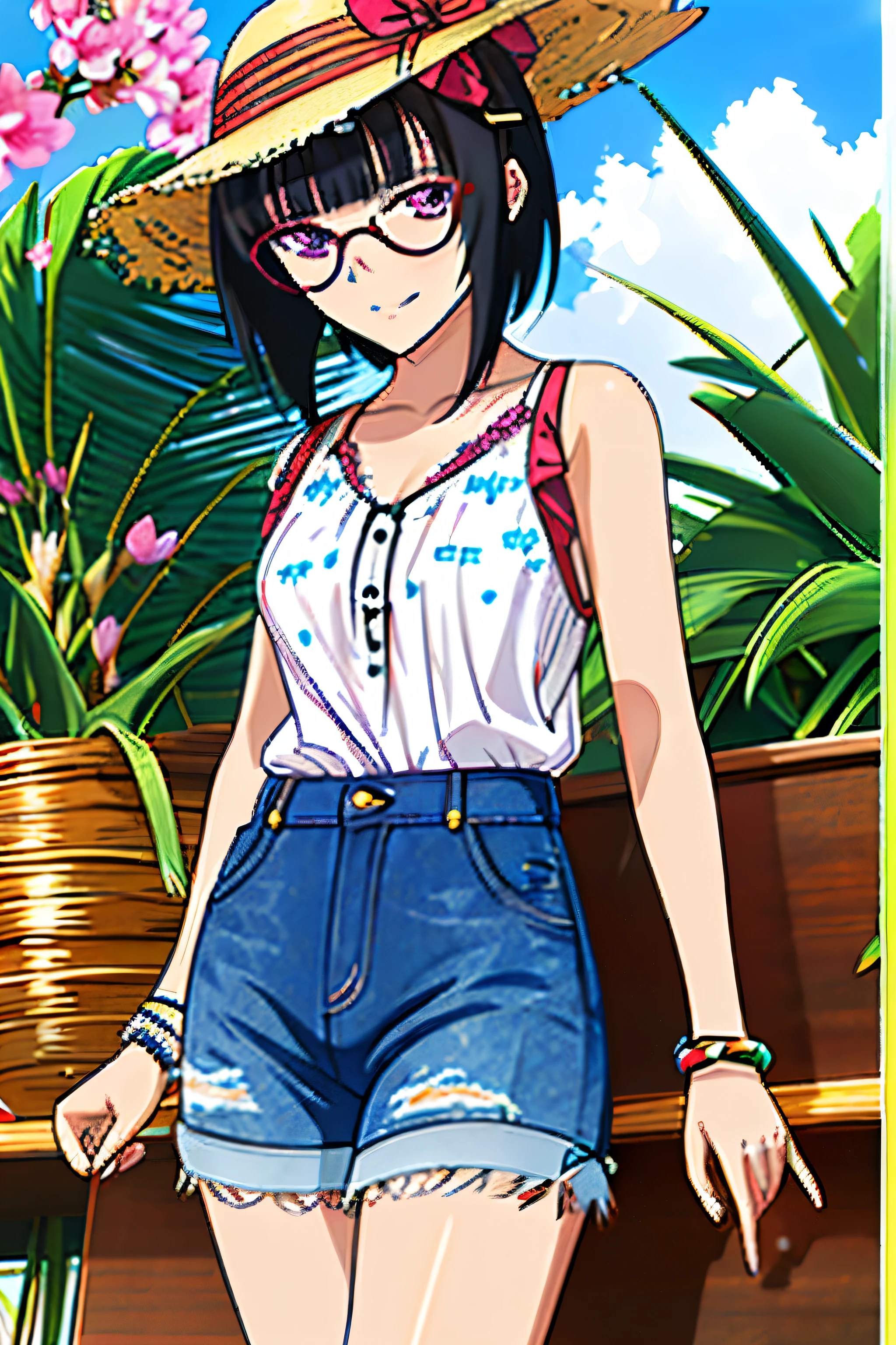 sona sitri, short hair, black hair, hair ornament, glasses, hair clip, bangs, blunt bangs, (purple eyes:1.1), white blouse with floral print, frayed denim shorts, brown leather sandals with braided details, colorful bracelet, straw hat with ribbon blue, (in the beach), (light smile)