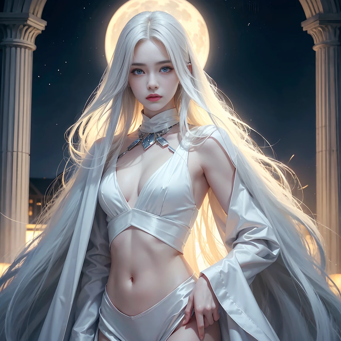 masterpiece, highest quality, (solo focus), (perfect face:1.1), (high detail:1.1),dramatic, 1guy, (pale skin), long white hair, white eyes, [light eyebrows], solo, long hair, moon, night, white luxury suit, covered navel, pouty lips, covered, futuristic city, detailed background, art by artgerm and greg rutkowski, cinematic lighting, roses, fashion, BalenciagaStyle