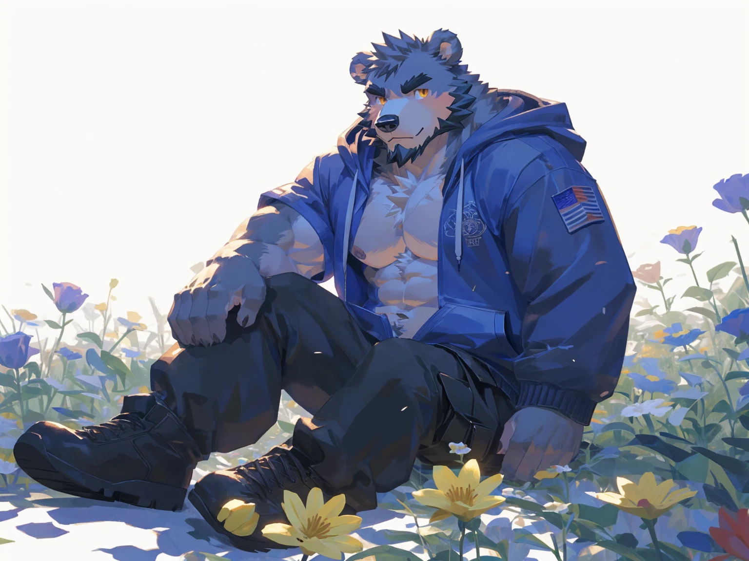 (masterpiece:1.2), best quality,pixiv,official art,perfect anatomy, (Ray tracing, light),solo, (1_male:1.3) , (muscle), (grey fur:1.4), (muscle bear), (beard:1.2), (gleaming golden eyes), bear tail, Thick black eyebrows, (open hoodie :1.3) , (naked inside:1.2), cargo pants,boots, portrait , (white background:1.3) , (flowers around:1.3)