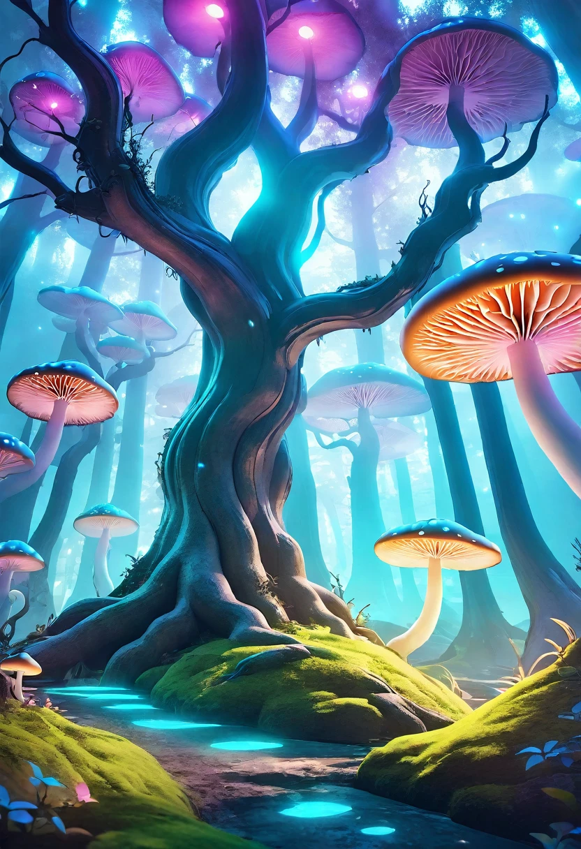 A dreamy, surreal fantasy landscape, a mystical forest with glowing mushrooms, twisted trees, floating islands, colorful skies, ethereal lighting, highly detailed, cinematic, photorealistic, 8k, intricate details, vivid colors, dramatic lighting, mood lighting, glowing, fantasy, magical, whimsical, atmospheric, serene, calming, dreamlike, hazy, soft focus, bokeh