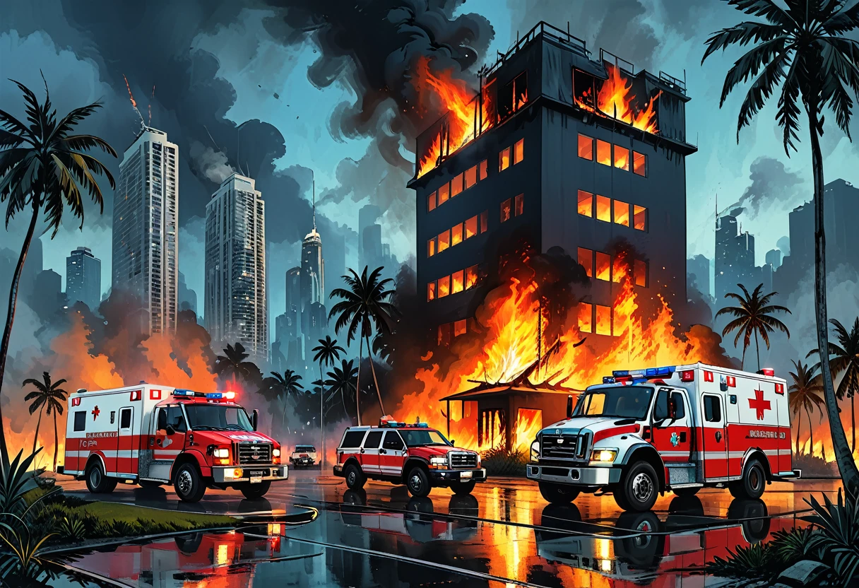 night, ambulance against the background of a skyscraper fire, ambulance and fire truck with firefighters, jungle, burning skyscraper, fire, palm trees, island, view from a drone,graphic style of novel comics, 2d, 8k, hyperrealism, masterpiece, high resolution, best quality, ultra-detailed, super realistic, Hyperrealistic art, high-quality, ultra high res, highest detailed, lot of details, Extremely high-resolution details, incredibly lifelike, colourful, soft cinematic light,