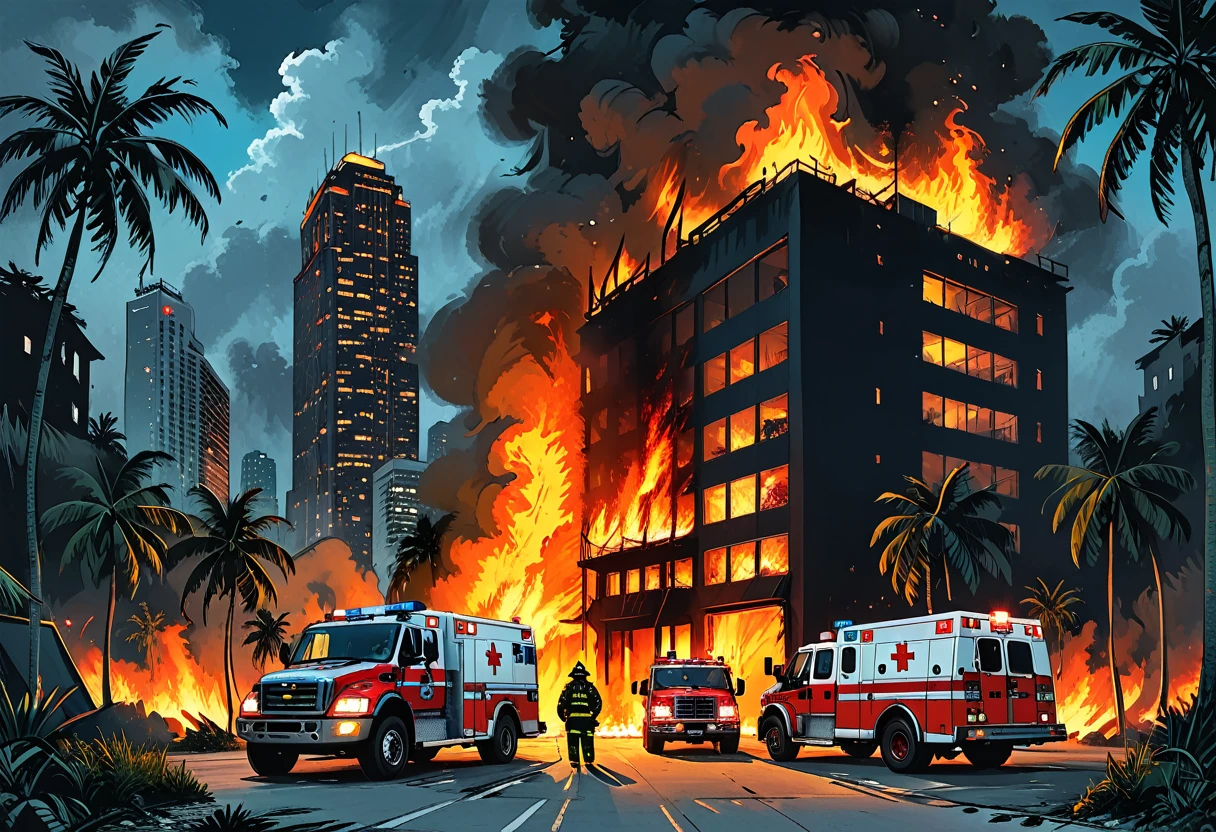 night, ambulance against the background of a skyscraper fire, ambulance and fire truck with firefighters, jungle, burning skyscraper, fire, palm trees, island, view from a drone,graphic style of novel comics, 2d, 8k, hyperrealism, masterpiece, high resolution, best quality, ultra-detailed, super realistic, Hyperrealistic art, high-quality, ultra high res, highest detailed, lot of details, Extremely high-resolution details, incredibly lifelike, colourful, soft cinematic light,