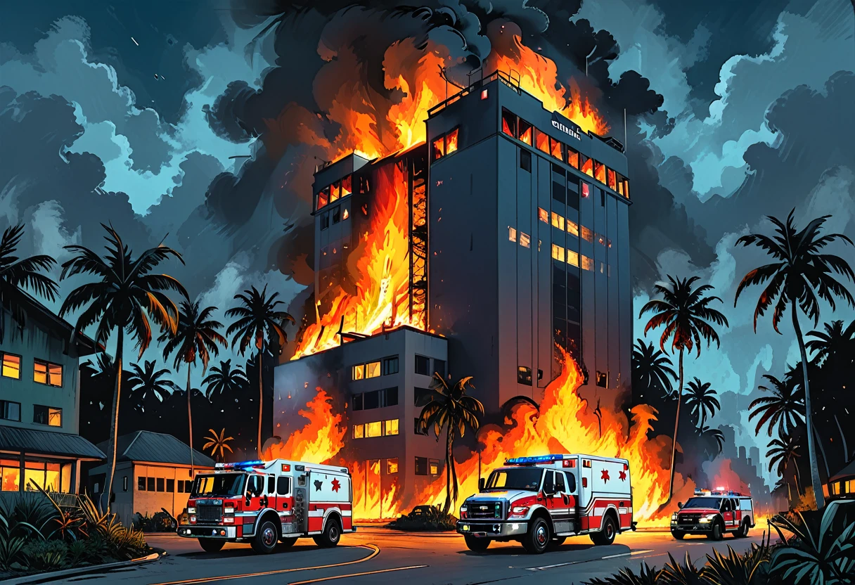 night, ambulance against the background of a skyscraper fire, ambulance and fire truck with firefighters, jungle, burning skyscraper, fire, palm trees, island, view from a drone,graphic style of novel comics, 2d, 8k, hyperrealism, masterpiece, high resolution, best quality, ultra-detailed, super realistic, Hyperrealistic art, high-quality, ultra high res, highest detailed, lot of details, Extremely high-resolution details, incredibly lifelike, colourful, soft cinematic light,