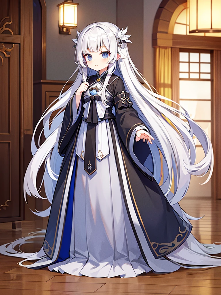 Full-body portrait、Are standing、silver gray hair、Messy hair、Very long hair、Long Hair、Silver-based noble princess outfit、銀色の綺麗なLockの杖を持っている、Lock