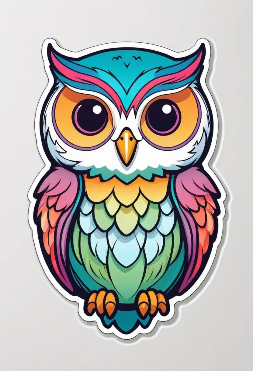 sticker, happy colored owl, kawaii, outline, vector, white background