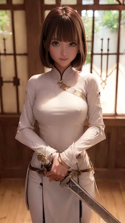 (Holding (Long sword:1.3)), (The blade glitters), (Holding sword sheath) 、(Sword fighting style)、(1 girl)、Bob Hair、Brown Hair、Medium breast、Chinese clothing:1.3、Temple precincts、(masterpiece:1.2、Raw photo quality、Highest quality)、Beautiful face、Anatomically correct limbs、Anatomically correct body、