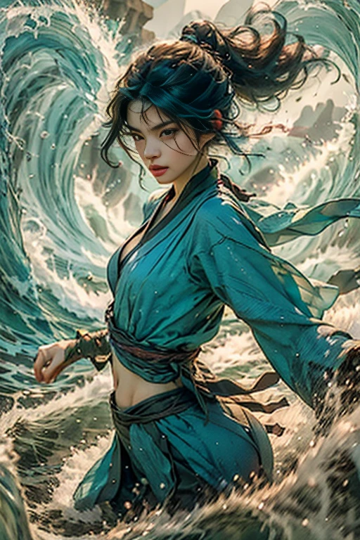 (Best quality,8K,High-res,Masterpiece:1.2),aquarel,1girll,独奏,Black hair,water,Waves,Lips,Upper body，dynamicposes.The belly button and the surrounding area are exposed,Small breasts,Flat Chest,Small Ass,Small waist,Thin legs,