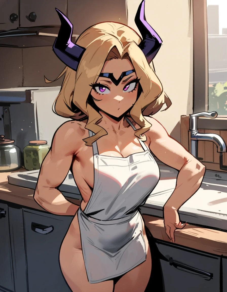 1girl, mount lady, boku no hero academia \\\\\ masterpiece, best quality, very aesthetic, absurdres, newest \\\\\\ sportive body, \\\\\\ by dodok, nyantcha, cutesexyrobutts, by khyle ///// blonde, purple eyes, , 24 years old,kitchen, wearing only apron,, naked
