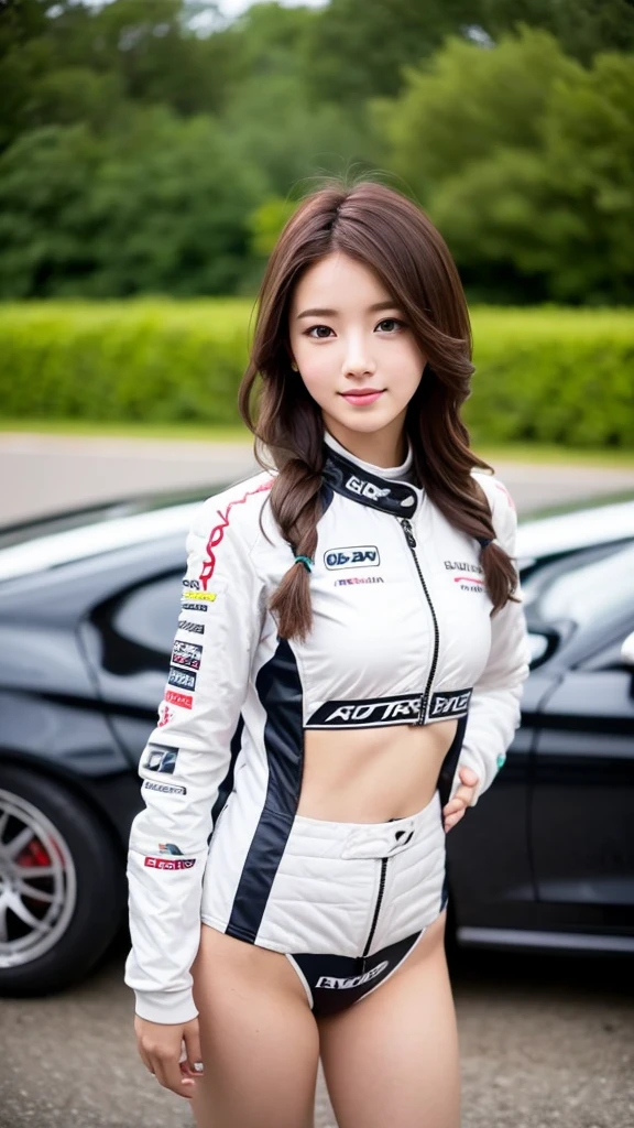 girl 18-year-old Hairstyle Casual, wearing racing suit on race track at evening and rainy
