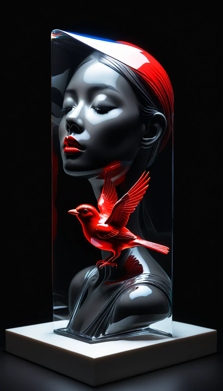 The Art of Blank Space,Sense of space,A transparent 3D portrait sculpture of a colored glass and a bird in a transparent glass cover,Close your eyes,面部Luminescence线路,simple,Minimalism,beautiful girl,Black and red,,black background,Luminescence