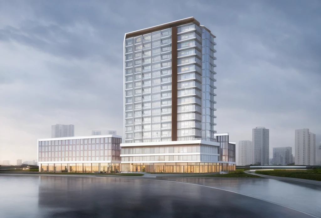 (masterpiece, best quality:1.2), rendering of a modern office building with a large sign on the top, (landscape), (city) , shophouse, modern lush condo as shopfront, Pond in front of the house,wide angle exterior 2022, photo from 2022, full building, architectural rendering, mantra rendering, precise architectural rendering, residential, full - view, realistic building, realistic architecture