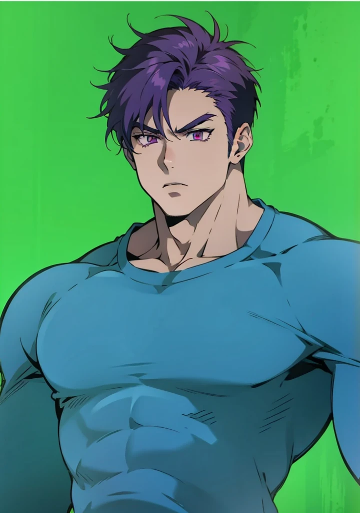 Generate an anime-style art image of a protagonist character, Hero , with purple hair , Eyes red,in a casual outfit.