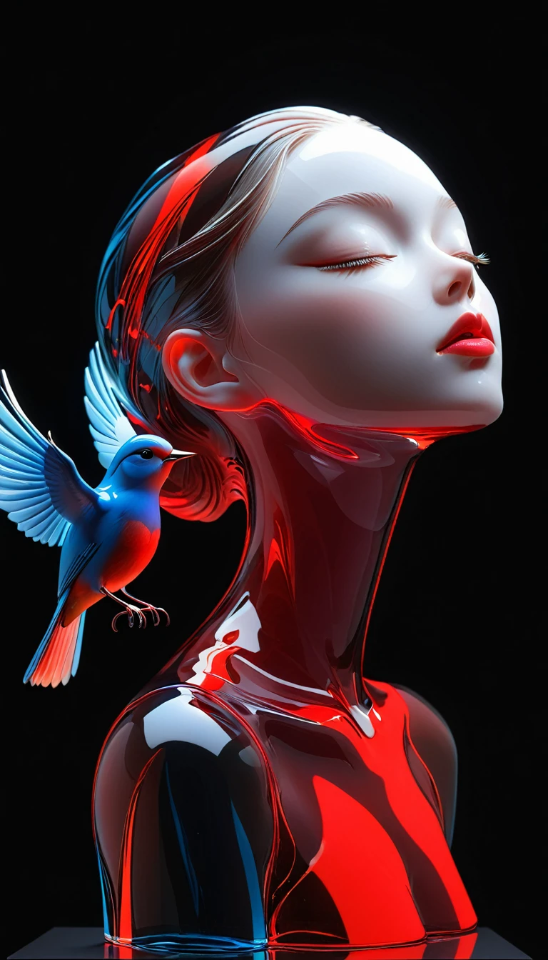 The Art of Blank Space,Sense of space,1 colored glass transparent 3D portrait sculpture and a bird,Close your eyes,面部Luminescence线路,simple,Minimalism,beautiful girl,Black and red,,black background,Luminescence