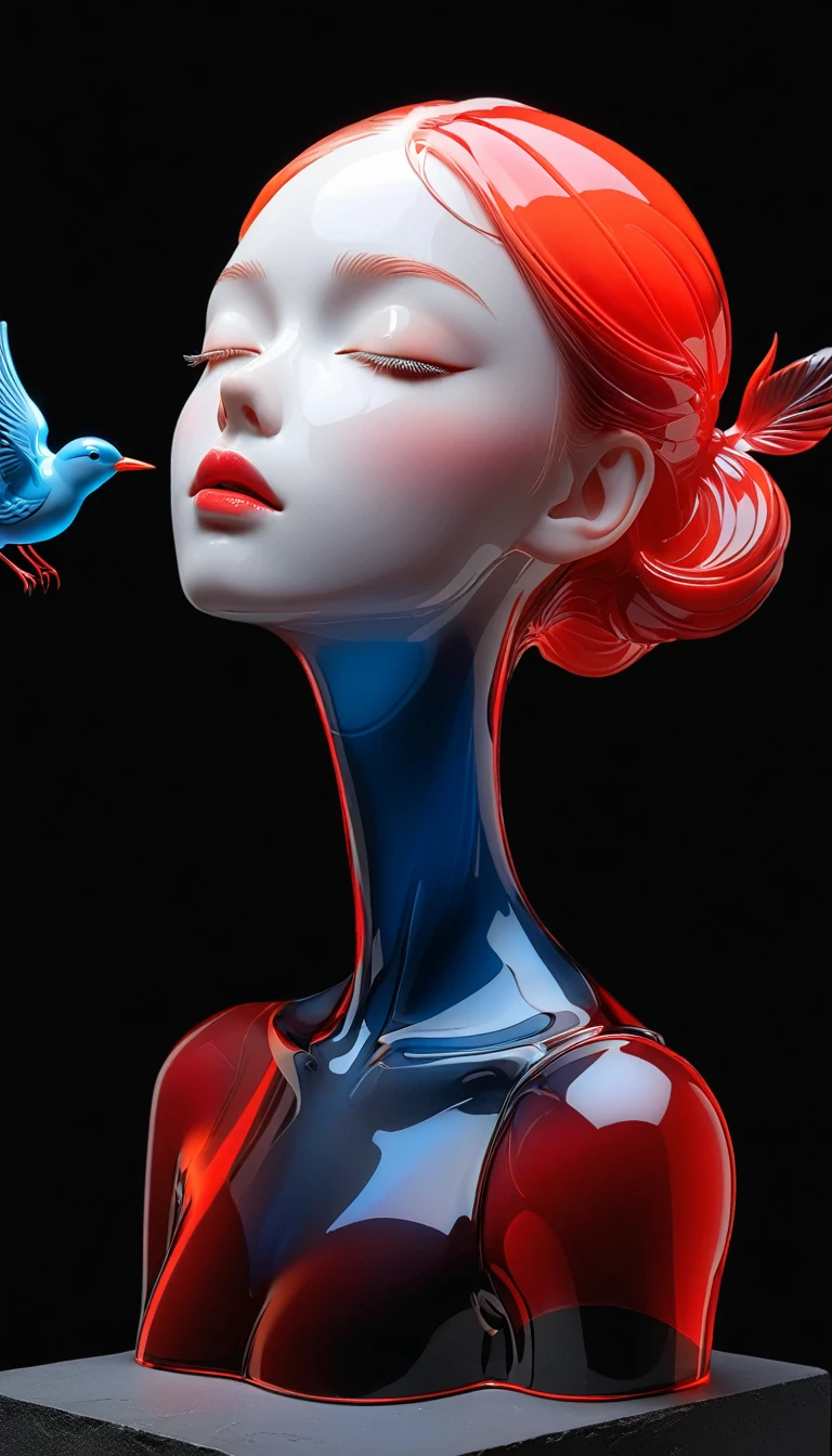 The Art of Blank Space，Sense of space，1 colored glass transparent 3D portrait sculpture and a bird，Close your eyes，面部Luminescence线路，simple，Minimalism，beautiful girl，Black and red，，black background，Luminescence