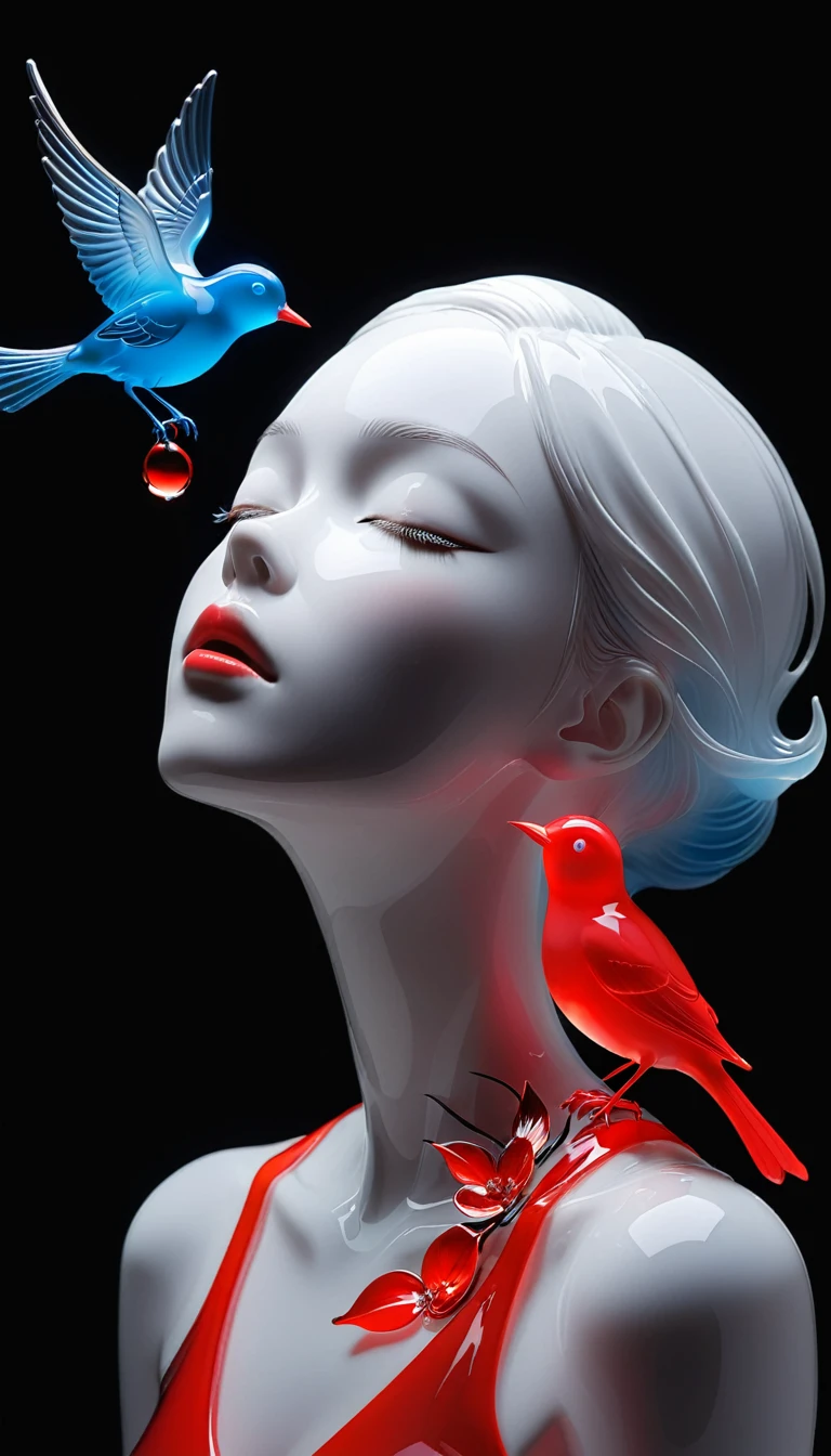 The Art of Blank Space，Sense of space，1 colored glass transparent 3D portrait sculpture and a bird，Close your eyes，面部Luminescence线路，simple，Minimalism，beautiful girl，Black and red，，black background，Luminescence