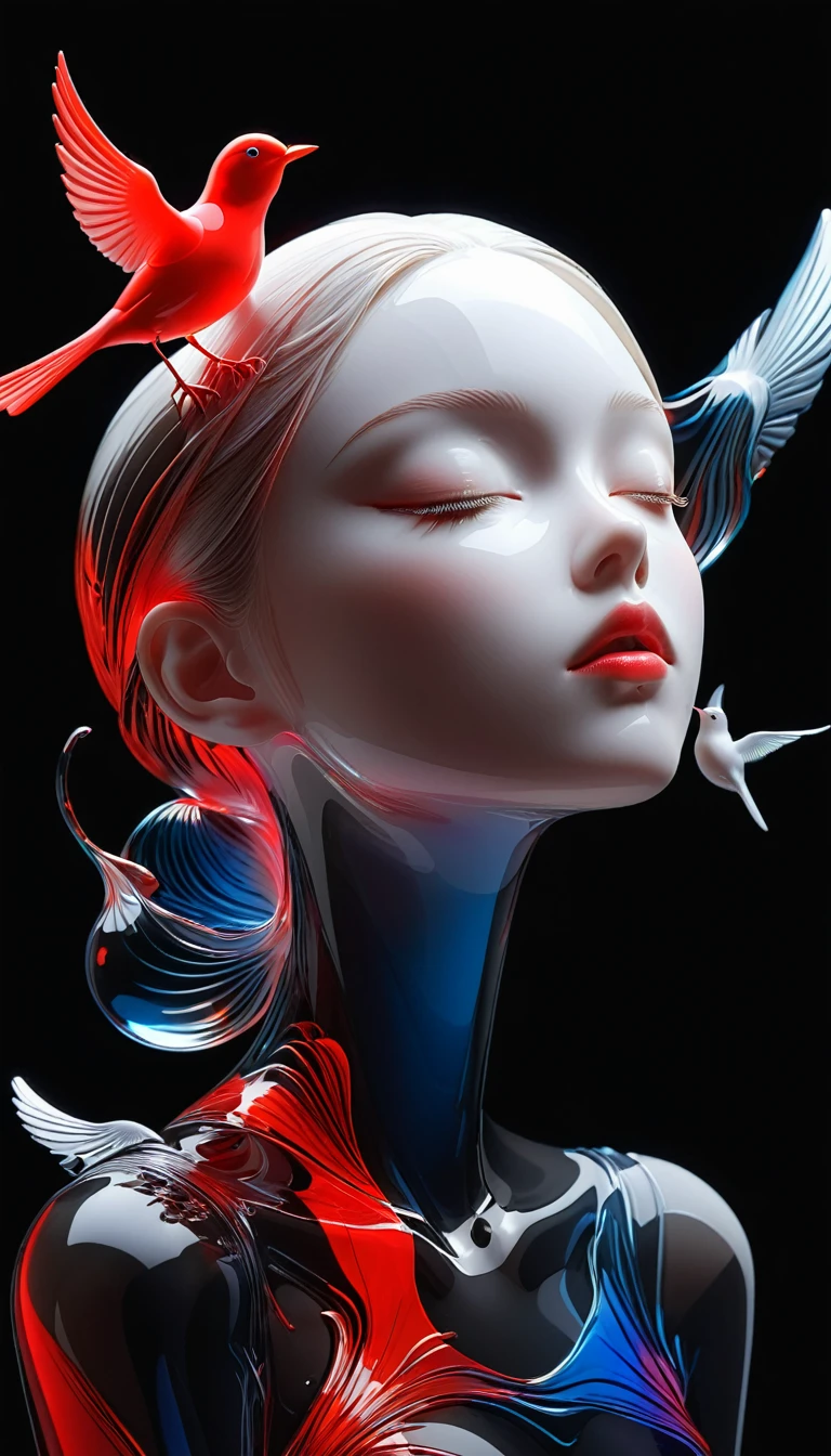 The Art of Blank Space，Sense of space，1 colored glass transparent 3D portrait sculpture and a bird，Close your eyes，面部Luminescence线路，simple，Minimalism，beautiful girl，Black and red，，black background，Luminescence