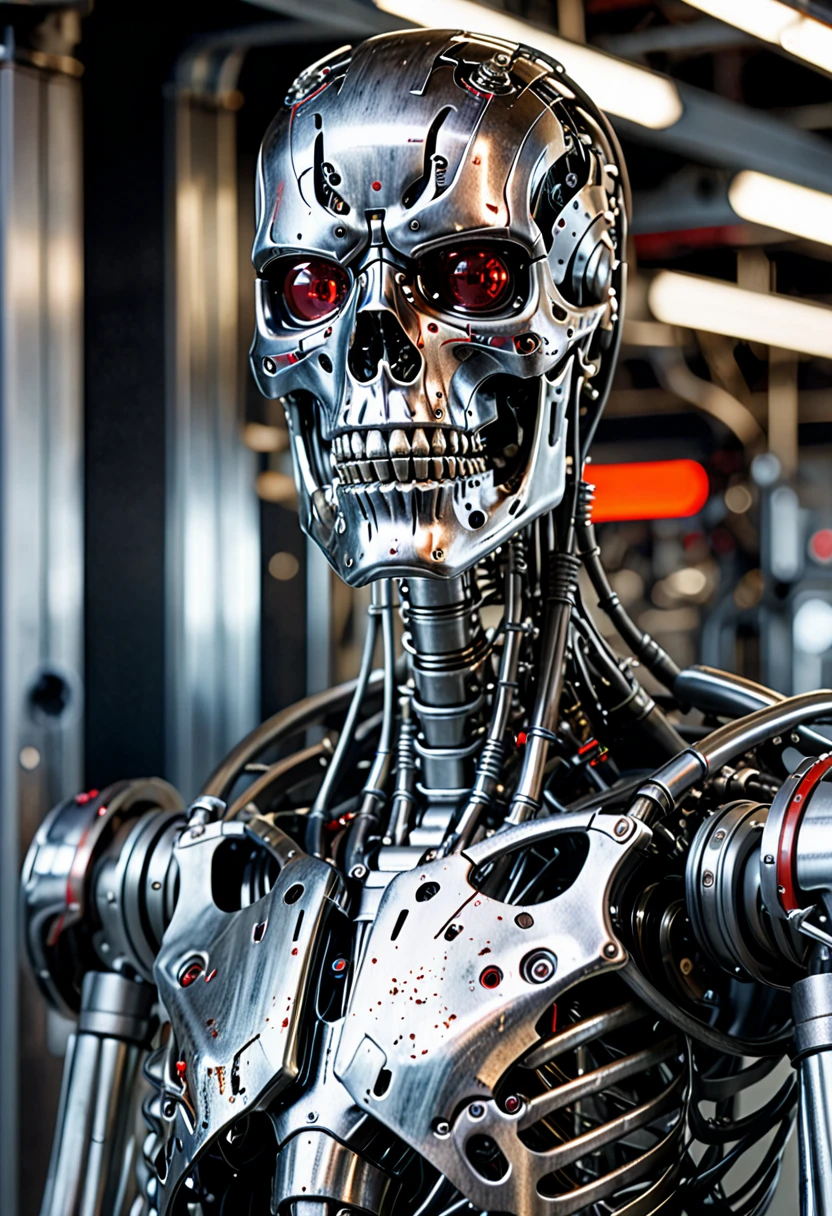 (full-length photo), Photo of a metal cyborg skeleton with red eyes, (T-800 Terminator), Terminator skeleton, still from the film, full-length photo of a cyborg, Terminator without flesh, ((shiny metal texture)), ((texture real metal)), ((shiny metal)), ((metal highlights)), ((clear metal structure)), (small parts), (pistons), (wires), (mechanisms), (metal tubes), ( Everything Sees), (Hyper Detail), Photorealism, Perspective Full Frame, Professional Photography, Super Detail, Hasselblad H6D-(100C, with 50mm Pro Lens), Wide /1.4 Aperture and Precise Depth of Field Control, Ultra-Realistic, Concept- Art, Photorealistic, Octane Rendering, Ultra Quality, Hyper Detail, Cinematic Shot, Sharp Focus, (Sharp Clarity, Super Sharp, Insanely Detailed and Complex),