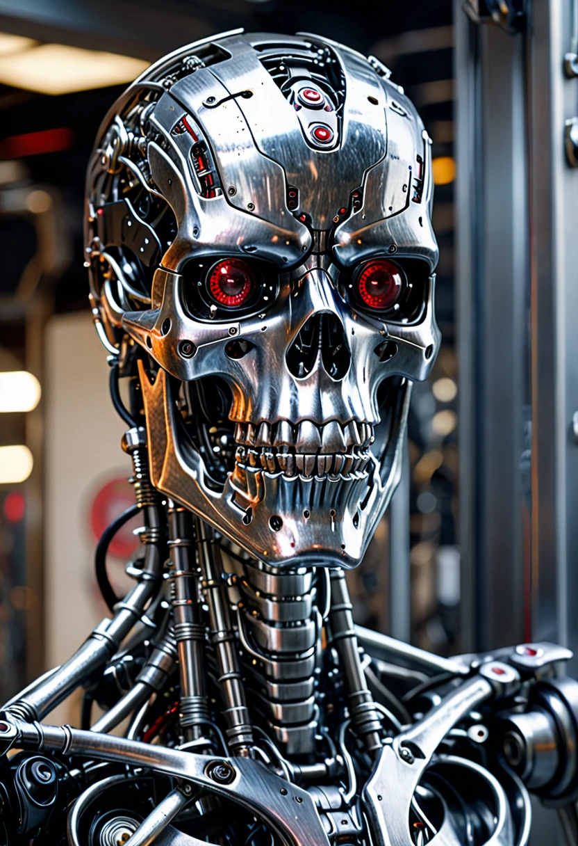 (full-length photo), Photo of a metal cyborg skeleton with red eyes, (T-800 Terminator), Terminator skeleton, still from the film, full-length photo of a cyborg, Terminator without flesh, ((shiny metal texture)), ((texture real metal)), ((shiny metal)), ((metal highlights)), ((clear metal structure)), (small parts), (pistons), (wires), (mechanisms), (metal tubes), ( Everything Sees), (Hyper Detail), Photorealism, Perspective Full Frame, Professional Photography, Super Detail, Hasselblad H6D-(100C, with 50mm Pro Lens), Wide /1.4 Aperture and Precise Depth of Field Control, Ultra-Realistic, Concept- Art, Photorealistic, Octane Rendering, Ultra Quality, Hyper Detail, Cinematic Shot, Sharp Focus, (Sharp Clarity, Super Sharp, Insanely Detailed and Complex),