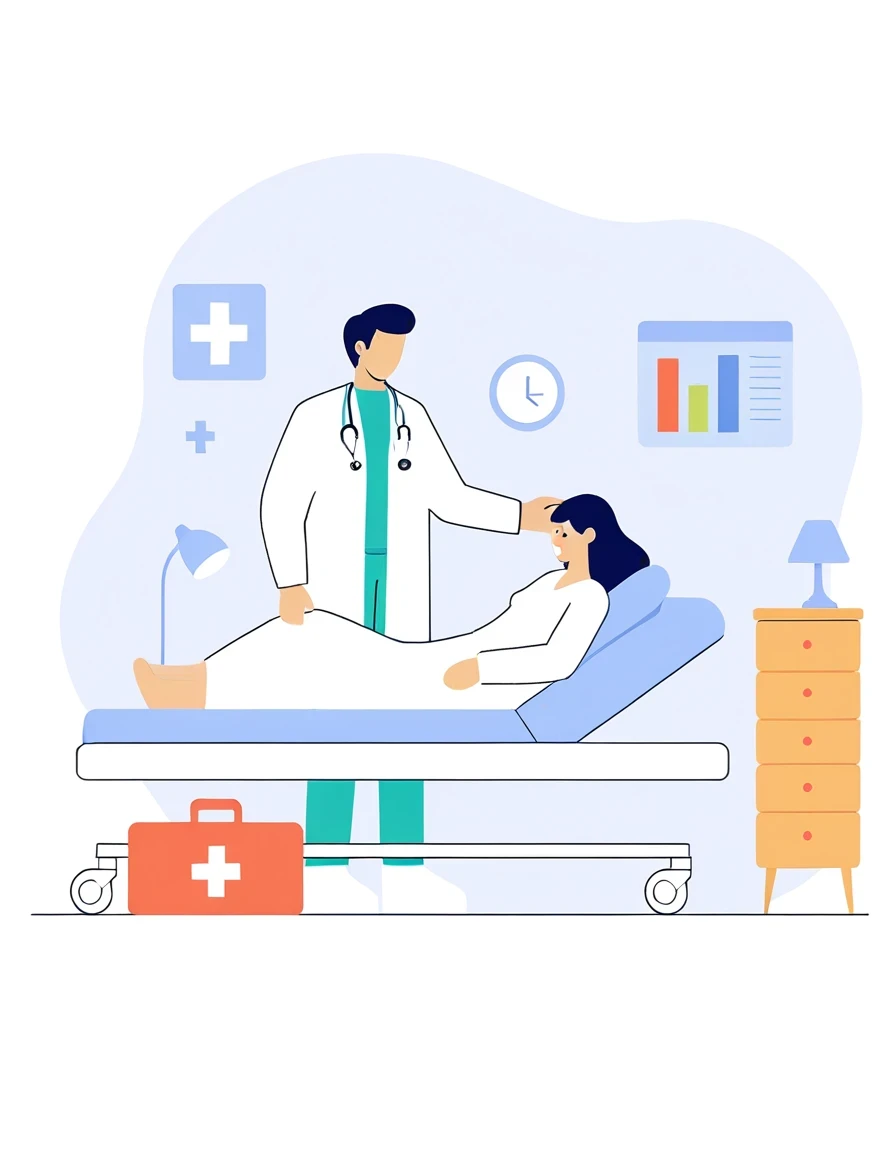 a man in a white coat is standing next to a woman in a Hospital bed, medical doctor, Flat illustration, Hospital background, in Hospital bed, doctor, Hospital room, medical background, Nursing, health care worker, Medical imaging, digital Medical equipment, colorful Medical equipment, Medical equipment, medical illustration, health care, Clean medical environment, Medical drawing, Hospital, Hospital ward，Solid color background（Except white）