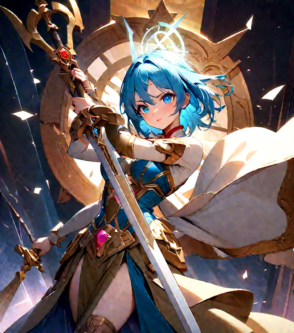 (best quality,4K,8K,high resolution,masterpiece:1.2),Extremely detailed,Practical,Sword of the Master,Legendary weapons,exquisite craft,Detailed handle,Sharp blade,Proper proportions,Beautifully textured,Excalibur,Iconic symbols,Hero's Weapon,Forged by the Gods,Sword of Destiny,Magic Blade,Shining blue halo,Legendary Battles,Ultimate Power Weapon,Destined to defeat,Video Game Weapons,The Chosen Sword,Exquisite design,Complex carving,Powerful Artifact,Epic Hero's Journey,Impeccable quality craftsmanship,Eye-catching and elegant,The core of the artwork,Shining with divine energy,Sharp enough to cut through anything,Radiant intensity and power,Fit for a true hero,Paying tribute to games in an artistic way,The hero's signature weapon,Original metal products,Extreme attention to detail,The hilt of the sword is inlaid with colorful gems,Legendary inheritance,unbreakable:Focus on the reflections and highlights of the blade,Create a sense of awe,Showcase iconic swords in dynamic poses and perspectives,展现Sword of the Master的神话精髓和力量.