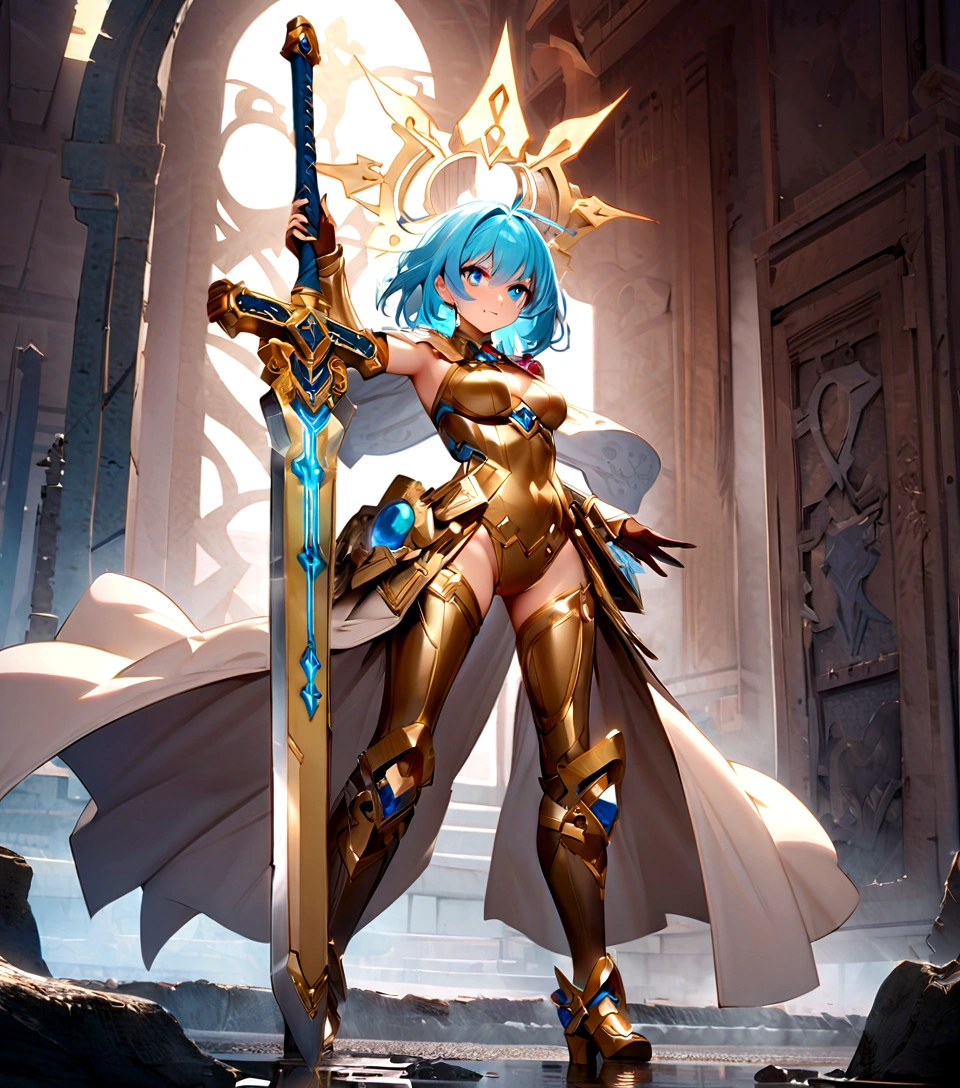 (best quality,4K,8K,high resolution,masterpiece:1.2),Extremely detailed,Practical,Sword of the Master,Legendary weapons,exquisite craft,Detailed handle,Sharp blade,Proper proportions,Beautifully textured,Excalibur,Iconic symbols,Hero's Weapon,Forged by the Gods,Sword of Destiny,Magic Blade,Shining blue halo,Legendary Battles,Ultimate Power Weapon,Destined to defeat,Video Game Weapons,The Chosen Sword,Exquisite design,Complex carving,Powerful Artifact,Epic Hero's Journey,Impeccable quality craftsmanship,Eye-catching and elegant,The core of the artwork,Shining with divine energy,Sharp enough to cut through anything,Radiant intensity and power,Fit for a true hero,Paying tribute to games in an artistic way,The hero's signature weapon,Original metal products,Extreme attention to detail,The hilt of the sword is inlaid with colorful gems,Legendary inheritance,unbreakable:Focus on the reflections and highlights of the blade,Create a sense of awe,Showcase iconic swords in dynamic poses and perspectives,展现Sword of the Master的神话精髓和力量.