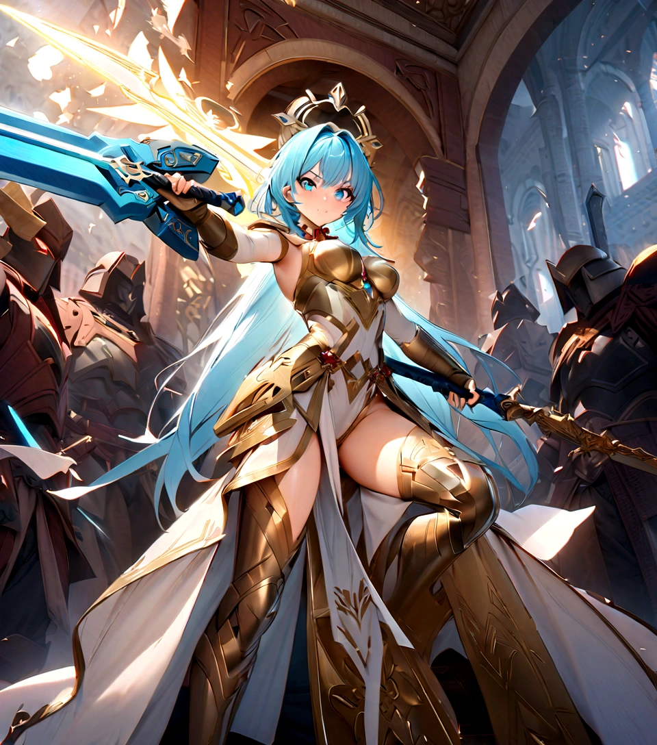 (best quality,4K,8K,high resolution,masterpiece:1.2),Extremely detailed,Practical,Sword of the Master,Legendary weapons,exquisite craft,Detailed handle,Sharp blade,Proper proportions,Beautifully textured,Excalibur,Iconic symbols,Hero's Weapon,Forged by the Gods,Sword of Destiny,Magic Blade,Shining blue halo,Legendary Battles,Ultimate Power Weapon,Destined to defeat,Video Game Weapons,The Chosen Sword,Exquisite design,Complex carving,Powerful Artifact,Epic Hero's Journey,Impeccable quality craftsmanship,Eye-catching and elegant,The core of the artwork,Shining with divine energy,Sharp enough to cut through anything,Radiant intensity and power,Fit for a true hero,Paying tribute to games in an artistic way,The hero's signature weapon,Original metal products,Extreme attention to detail,The hilt of the sword is inlaid with colorful gems,Legendary inheritance,unbreakable:Focus on the reflections and highlights of the blade,Create a sense of awe,Showcase iconic swords in dynamic poses and perspectives,展现Sword of the Master的神话精髓和力量.
