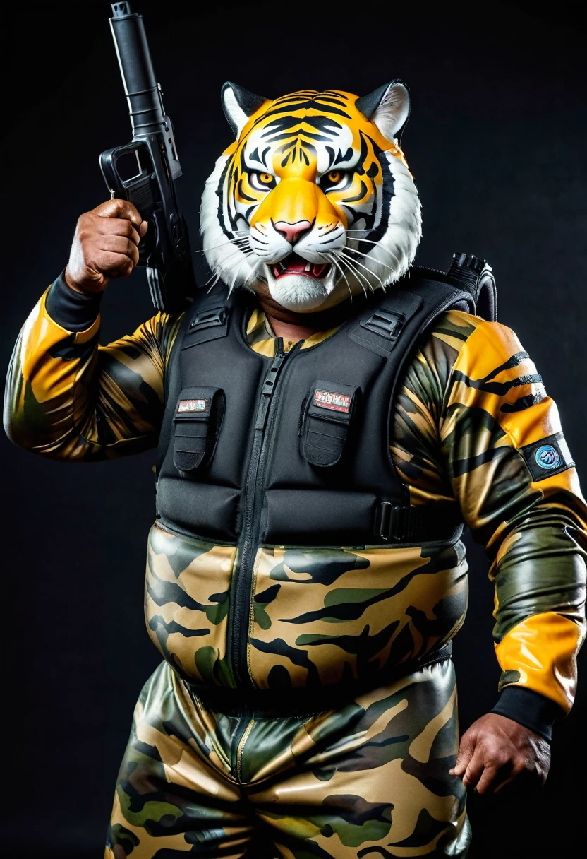 (a dark-skinned fat muscular old man in a bulky camouflage zipper diver suit) carrying a gun and (wearing realistic roaring siberian tiger mask), thumbs up, muscular, Basuki Abdullah, sumatraism, action, a character portrait, heroic, fierce, snarling