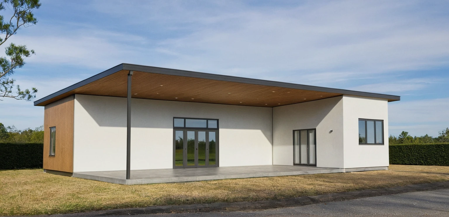 Photo brute,head of&#39;artwork, High quality, best quality, authentique, great detail,
Outside, En plein air, style de maison moderne dans la rue, glass windows, grille, wooden ceiling,
road,pavement, trees, sky, nuvens, (day light:1.1)