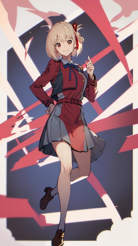 chisato, 1girl, solo, short hair, hair ribbon, breasts, neck ribbon, collared shirt, lycoris uniform, two-tone dress, red dress, grey dress, long sleeves, red belt, face of happiness, smile mouth, full body,(((1girl))),(((Solo))),(((1 person))).