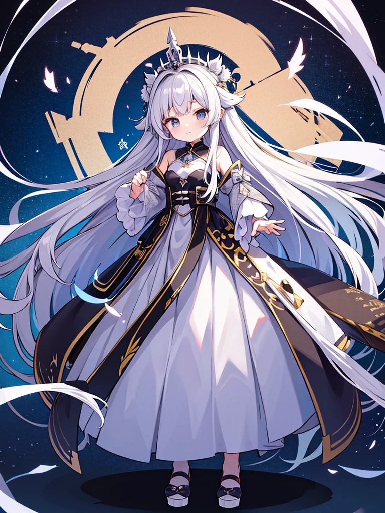 Full-body portrait、Are standing、silver gray hair、Messy hair、Very long hair、Long Hair、Silver-based noble princess outfit、銀色の綺麗なLockの杖を持っている、Lock