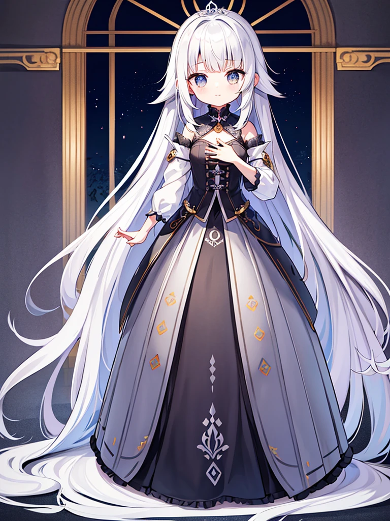 Full-body portrait、Are standing、silver gray hair、Messy hair、Very long hair、Long Hair、Silver-based noble princess outfit、銀色の綺麗なLockの杖を持っている、Lock