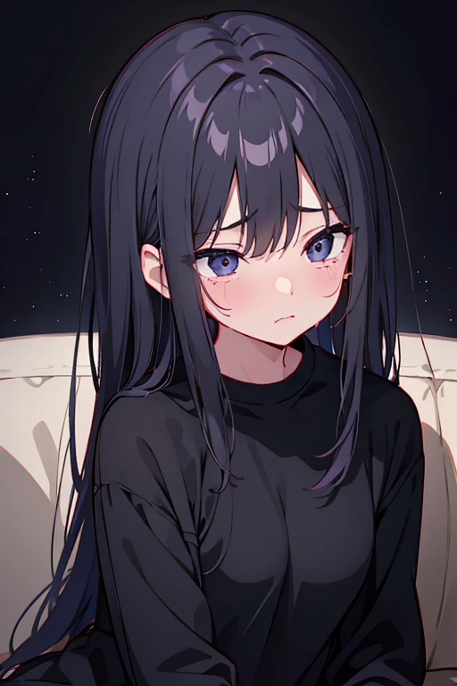 woman、18-year-old、Downer、midnight、Dark Room、Anxious face、Full of fear、Crying、cry、despair、A tragic background、despairした眼、Black, cloudy eyes、Gative Thinking、Sleepiness、Bearish、lack of sleep、Sloppy clothing、Wearing a loose T-shirt、Weak Body、Looks tired、Laziness、Leaning on the couch、Depressed、Dark atmosphere、midnight