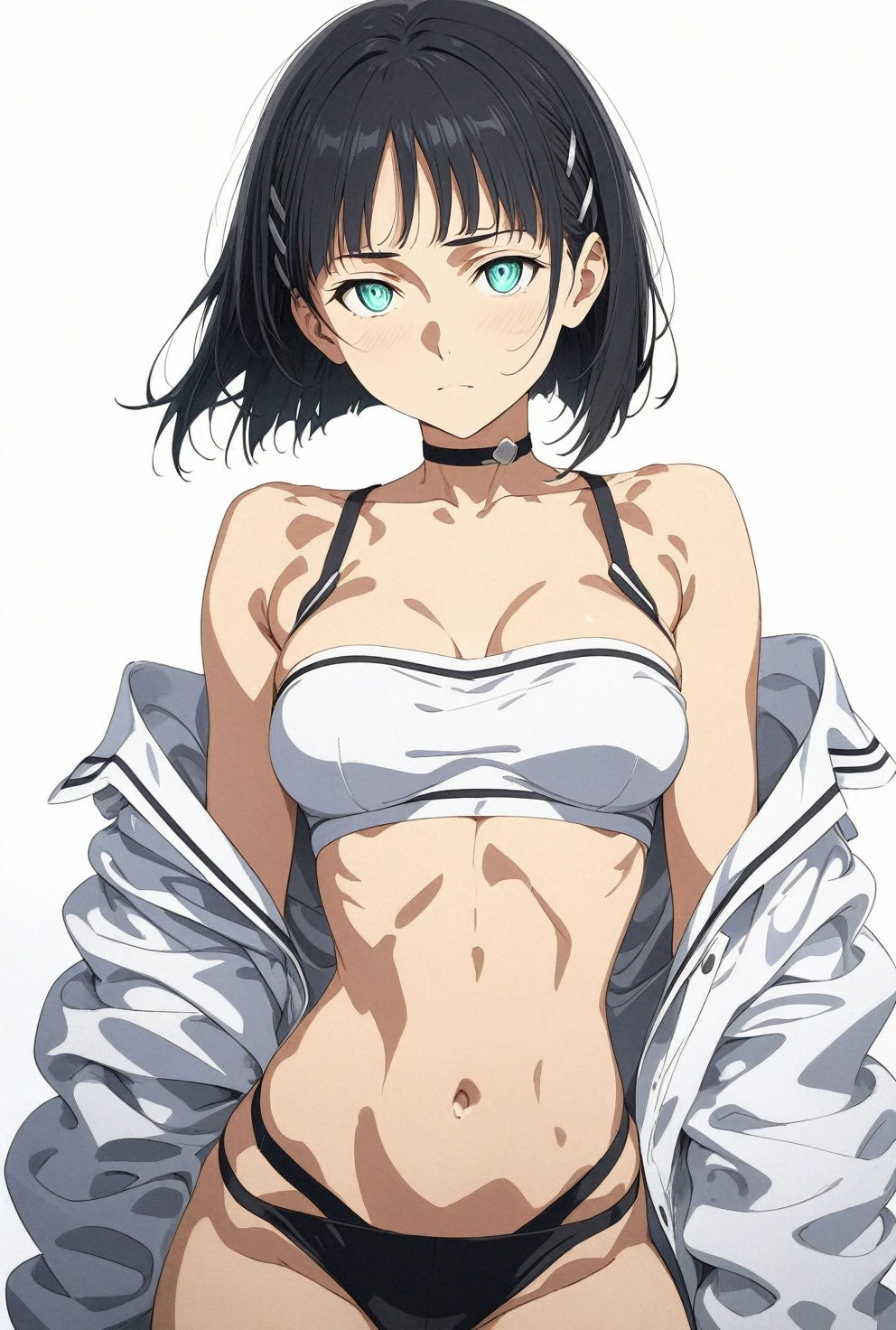 (masterpiece), (best quality), (ultra-detailed), very aesthetic, illustration, perfect composition, intricate details, absurdres, detailed face, (intricate),1girl, (kirigaya suguha, sword art online, green eyes, black hair, medium breasts), (realistic face:0.5), (narrowed eyes, glowing eyes:1.3), bandeau,perfect face, 4k, extremely detailed anime illustration,, enhanced details,cowboy shot,perfect anatomy,smooth skin, (gray background), cristal clear eyes, beautiful face,(anime style:1.5), (highres),