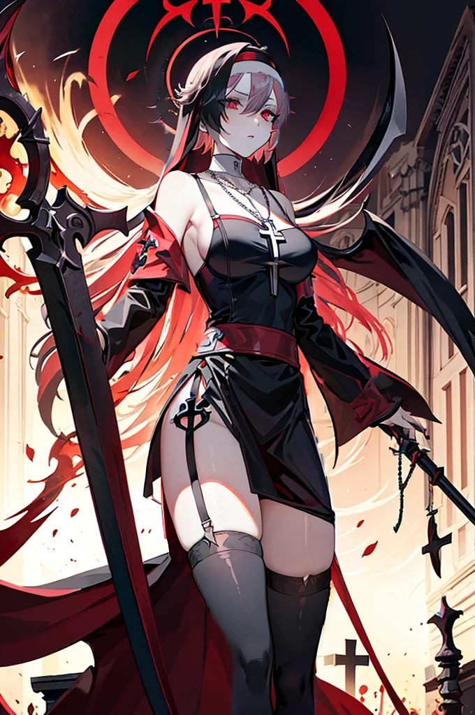 avenger,large breast,The chest area is exposed,Eye color is scarlet,garter,big Scythe,Catholic nun,Cross Necklace,hair over one eye,Knee socks,Hair color is golden,Devilish,Church Background, high Quality,best quality,Uninhabited