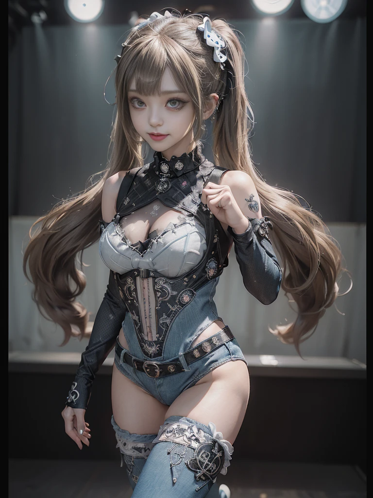 (Full Body View:1.4)、(Full body:1.4)、(Smiling with teeth showing:1.3),(Shibuya Gal:1.5)、(Gothic ta style fashion:1.5)、(Punk RockVisual Kei:1.5)、(Wearing a rhythmic gymnastics bodysuit with intricate details:1.4)、(Racing suit and pants with intricate decorations in white, denim and charcoal:1.5)、(Denim and light blue and white boots:1.3)、((belt))、(Numerous delicate logo marks all over the costume:1.4)、(collar:1.3)、(Polka dot underwear:1.5)、20-year-old、NSFW、((Highest quality、In 8K、masterpiece:1.3))、Sharp focus:1.2、(Layered Cut、Huge boobs:1.1),Beautiful woman with perfect figure:1.4、(do a gravure pose:1.3)、Slender Abs:1.2、Highly detailed face and skin texture、Detailed eyes、double eyelid,(Twin tails:1.3)、(Brown-golden hair:1.3)、Gravure idol、(The background is the stage of the fashion show:1.3)、(Slim body:1.3),(Make your legs thinner:1.4),(clavicle:1.1)
