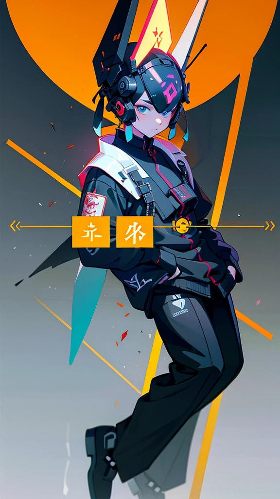 masterpiece, best quality, A close-up shot of a futuristic boy,China is black and impermanent,The traditional image of Hei Wuchang,Tradition meets modernity,Chinese style,Wearing a fantastic cyber helmet, Blue triangle LED light and halo on the helmet, Wearing a black Techwear jacket with "Peace in the World" written on it, Full body white background
