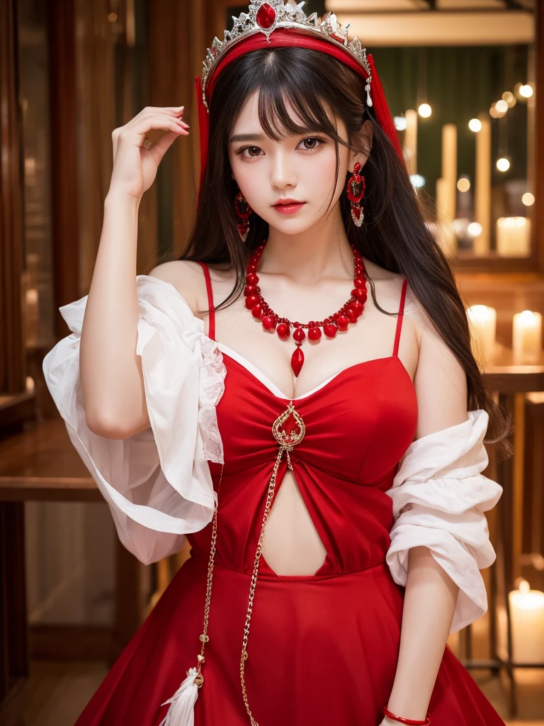 、Highest quality , sexy, Ultra-high resolution, RAW Photos, girl, indoor, White skin, Long Hair ,whole body,Black Hair、Red color clothes、Australian national costume、Red color crown、red necklace、Red wrist ornament、Red earrings、