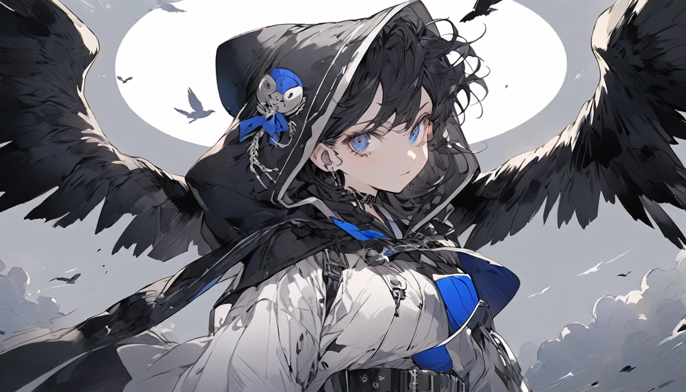 Gothic blue eyes Blue and black hair Fleeting Bird legs Belt on torso Black hood Character portrait whole body Japanese anime hand drawn illustration